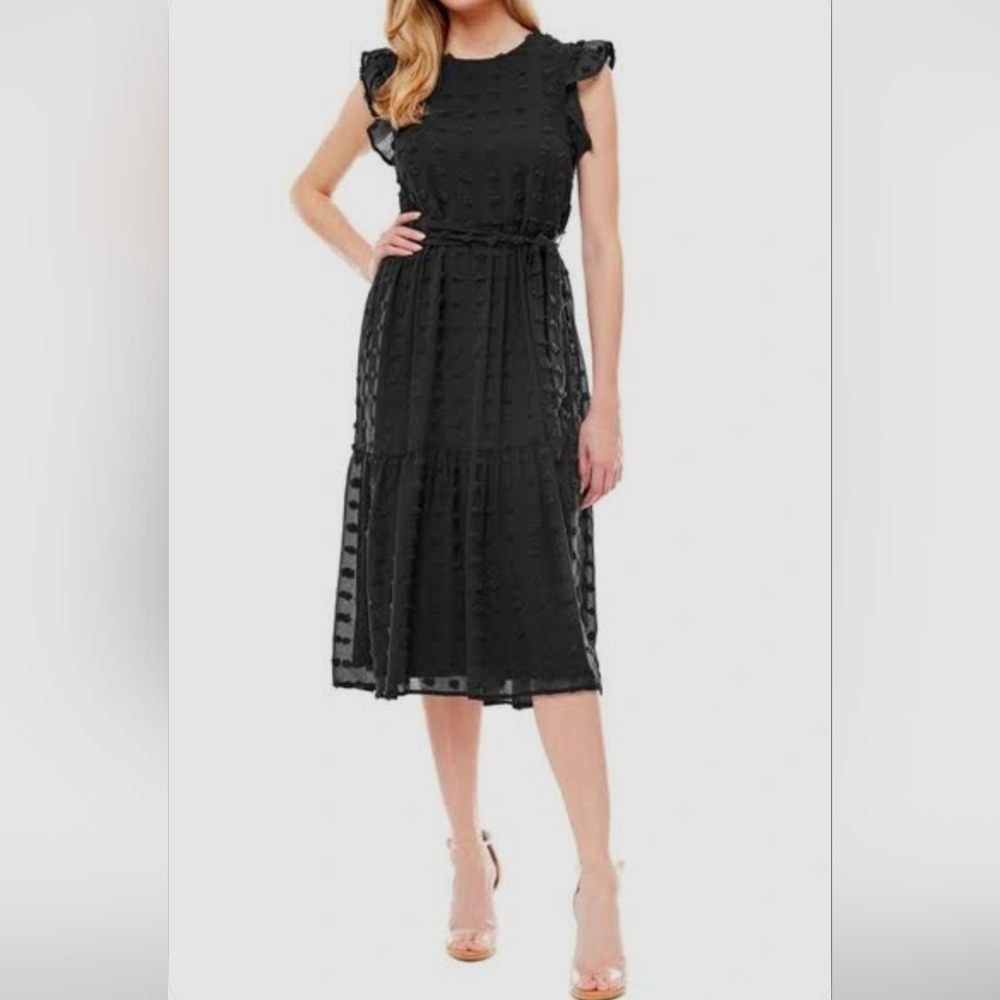 NWT Love By Design Clip Dot Fluttery Sleeve Tiered Skirt Black Maxi Dress SZ L